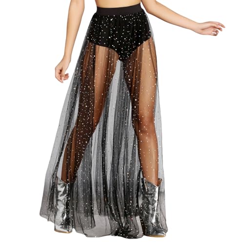 Damen 2 in 1 Transparent Mesh Rock, Damen Glitzerrock Schwarz Pailletten Tüllrock mit Shorts High Waist Maxirock Glitzer Sterne für Party (DE/NL/SE/PL, Alphanumerisch, L, Regular, Regular, Schwarz)