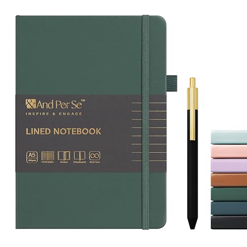 &And Per Se Lined Journal and Pen Set, A5 Leather Hardcover Notebook with Pen & Stationary Set, 160 Pages 100GSM Thick Ruled Paper Journal for Business Work Writing (Green)