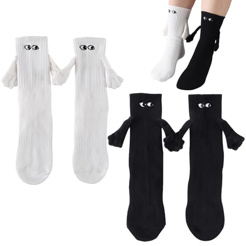 PRAOAHEI Magnetische Socken mit H&auml;nden Hand in Hand mit Magnetarmen Lustige Alberne Geschenke f&uuml;r Freunde Herren Familie Freundin Freund Liebende Paar (Schwarz+Wei&szlig;, 35-41, 2 Paar)