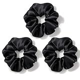 Zenssia Silk Scrunchies for Hair, Mulberry Silk Hair Ties for Women and Girls, No Damage Elastic Ponytail Holders（Black, 3 Pack）