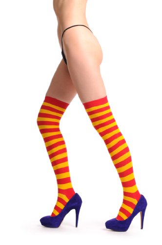 LissKiss Red & Orange Warm Winter Cotton - Orange Striped Opaque Over The Knee Socks