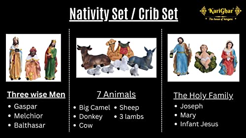 Image of KariGhar Resin Nativity /Crib Idols Set Of 15 Pieces [Pack - Mary, Joseph, Baby Jesus, Angel, 3 Wise Men, The Shepherd, 7 Animals], Multicolour, 5 Inch Set, A0095