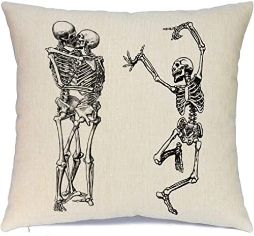 Halloween Pillow Covers Skeleton Skull Pumpkin Throw Pillowcases Set of 4 Cotton Linen Pillow Cushion Cover for Halloween Decorations,18 by 18 Inch Halloween Pillowcases