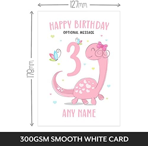 Personalised Pink Dinosaur 3rd Birthday Card for granddaughter, daughter. Dinosaur card personalised for little girls third birthday. 3 today. Birthday card girl, big / little sister, goddaughter