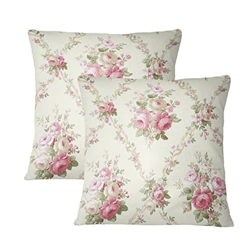 Lot de 2 housses de coussin vintage à motif floral rose et feuilles, style shabby chic, pour canapé, chambre à coucher, salon, 45,7 x 45,7 cm, beige et rose
