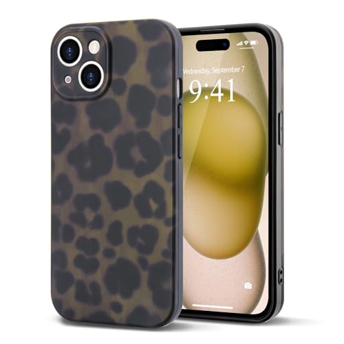 Teageo Leopard Coque pour iPhone 14, Filles Classique à imprimé léopard Protection de l’Appareil Photo Silicone TPU Anti-Chute Coque pour iPhone 14, Vert Ambré