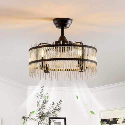 HSMKL Black Crystal Fandelier Ceiling Fan with Light, 19.7 Inch Bladeless Enclosed Fan Chandelier, 6 Speed Quiet DC Motor with Remote/APP Control, for Bedroom Living Room Small Space
