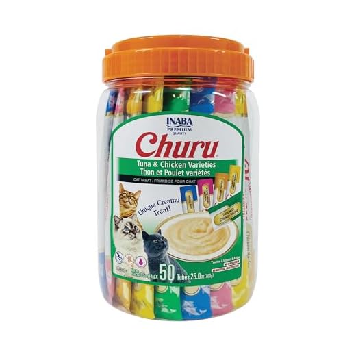 INABA Churu Cat Treats, Grain-Free, Lickable, Squeezable Creamy Purée Cat Treat/Topper with Vitamin E & Taurine, 0.5 Ounces Each Tube, 50 Tubes, Tuna & Chicken Variety