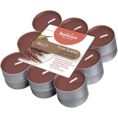 Bolsius True Scents - Fragrance Tealights - Oud Wood - Pack of 18 - Long Burning Time of 4 Hours - Household Candle - Interior Decoration - Natural Extracts - Vegan Wax - No Palm Oil Cover