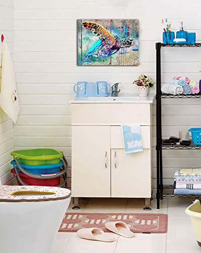 Sea Turtle Bathroom Wall Decor Canvas Prints Life Teal Watercolor Painting Beach Theme Artwork 1 Panels Framed For Bedroom Living Room Bedroom Home Office Decorations 12X16X1 Turtle Wall Art Baby Ro #TOP6