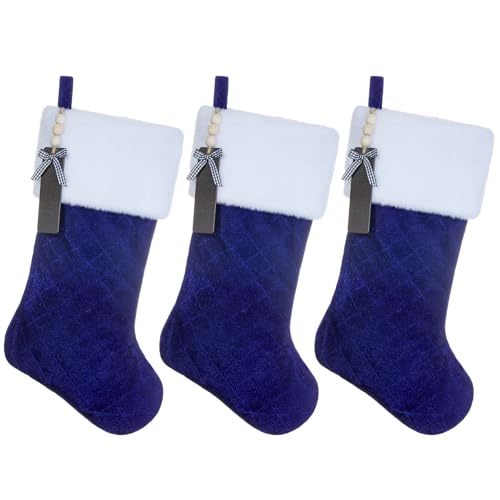 Shgngle Blue Velvet Quilted Personalized Christmas Stocking,19.5 Inch Fireplace Hanging Stockings with Blank Wooden Tags DIY Name,Family Holiday Decorations and Xmas Gift(Blue 3Pcs)