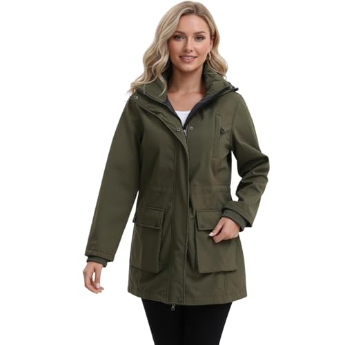 chiguomaoyi Chaqueta Impermeable Mujer Chaquetas Entretiempo Soft shell largas Abrigo Exteriores Capucha Cortavientos (Verde,L)