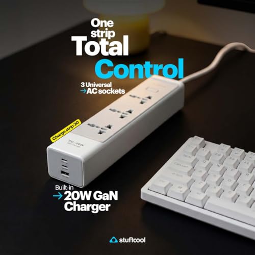 Image of Stuffcool Chargestrip 20W Extension Board with Surge Protector, 3 Universal AC Sockets and 20W Type-C PD, 18W USB-A Fast Charging, Charges iPhones & Pixels up to 50% in 30 Mins, Made in India
