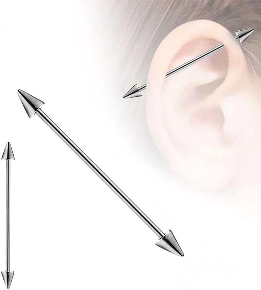 5Pcs 14G Spike Industrial Barbell Earrings Stainless Steel 38mm Long Cone Industrial Bar Cartilage Helix Conch Earrings Body Piercing Jewelry for Women Men