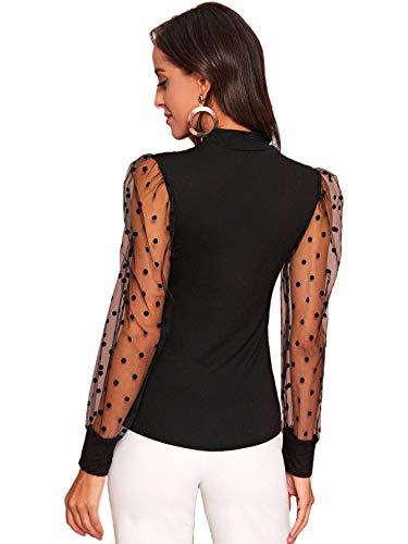 Verdusa Women's Polka Dots Sheer Mesh Long Sleeve Mock Neck Blouse (Small, Black) #TOP1
