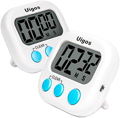 Uigos 2 Pack Digital Kitchen Timer II 2.0 , Big Digits, Loud Alarm, Magnetic Backing, Stand, for Cooking Baking Sports Games Office (White) (2 Pack)