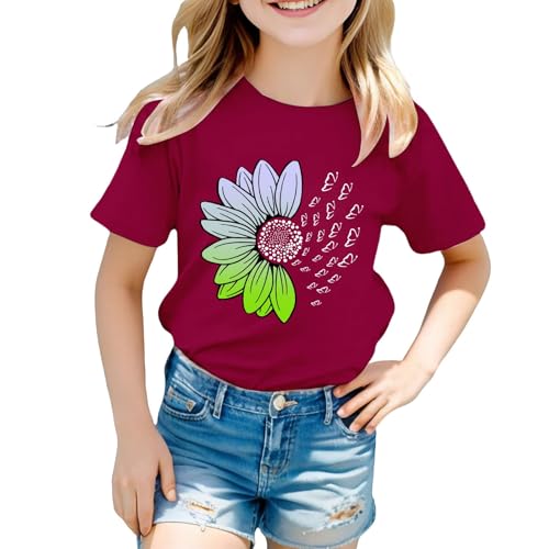 Girls Loose Fit Sunflower Graphic T Shirts Short Sleeve Crewneck Cute Pattern Printed Tops Kids (D-Wine, 2-3 Years)3