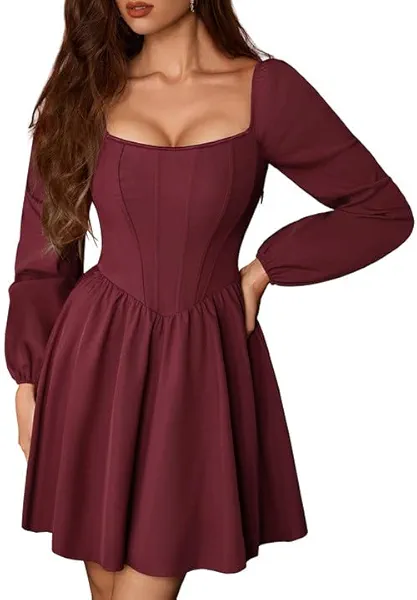Scarlet Darkness Fall Long Sleeve Mini Dress Fishbone Renaissance Corset Dress