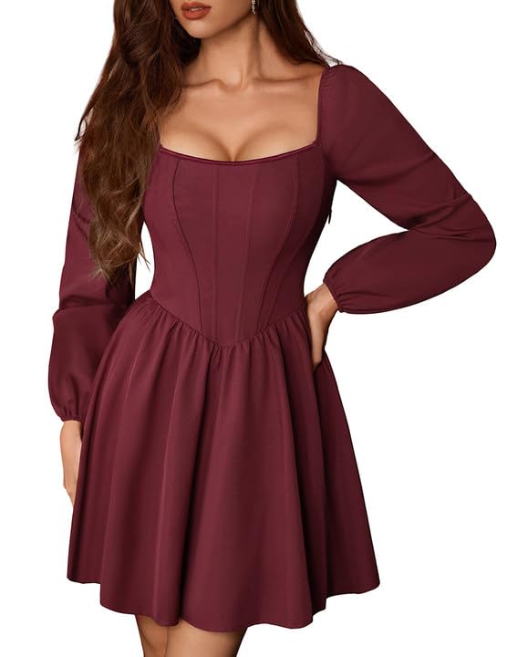 Renaissance Dress Women Long Sleeve Corset Dress Wedding Guest Short Party Dress Red 6