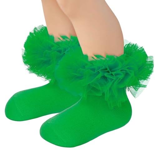 Zando Green Ruffle Socks for Girls 4-6 Years Kids Lace Frilly Dress Socks