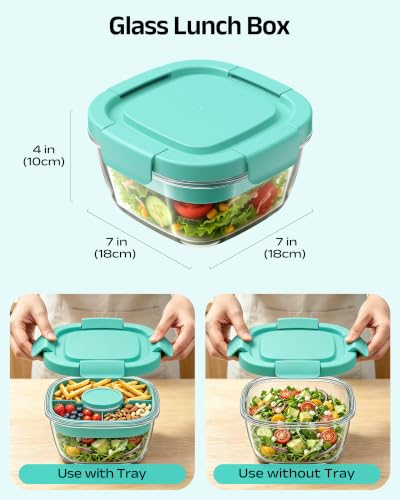 Glass Salad Container,56oz Salad Bowl To Go for Lunch with Airtight Lid,Leak-Proof Sauce Container,4-Compartment Bento Tray & Reusable Fork - BPA-Free Glass Lunch Box for Meal Prep,Office(Green) - Image 5