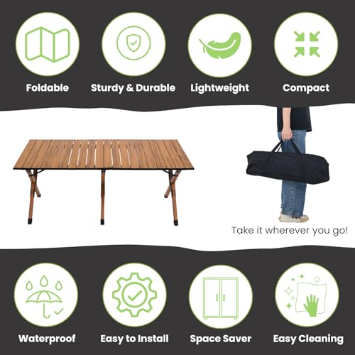 طاولة قابلة للطي من الألومنيوم - قوية ومحمولة للنزهات والتخييم والشاطئ والحديقة والفعاليات الخارجية - طاولة طعام منخفضة قابلة للطي وخفيفة الوزن مع حقيبة حمل - المقاس 120 × 60 سم، الارتفاع: 54 سم - لون