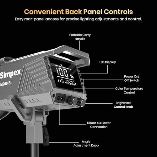 Image of Simpex M-200Bi, 200W Dual Color Continuous LED Light with 18CM Reflector & Infrared Remote, AC Power, 2700K-6500K Color Temperature Control, Huge Display,CRI-95 Plus, Ideal for Video Shooting(Black)