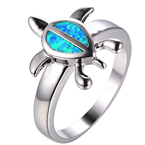 Bague opale bleue tortue plaqué or blanc fini les doigts verts avec un bijou hypoallergénique