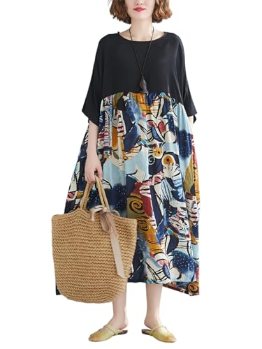Image of Women's Oversized Dress Plus Size Summer Dress Artsy Print Pathwork | Loose, Oversized Cut Baggy Dresses. O Neck with Pockets. Breathable Viscose Fabric for Summer. Colorful Print Patchwork