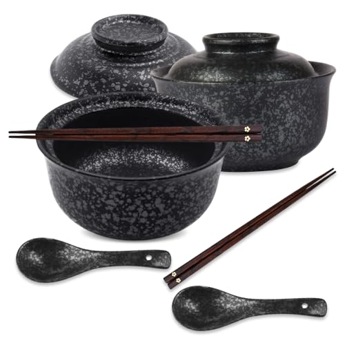 DEARBAG Ensemble de Bols Ramen en Céramique, 800ml Vaisselle Japonaise avec Couvercle Baguettes et Cuillère, Bol en Céramique, Bol à Soupe Vintage pour Ramen Pâtes Salade Céréales (Noir, 2PCS)