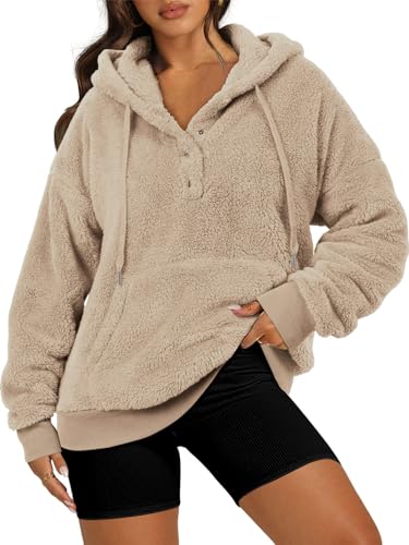 onlypuff Sherpa Pullover Pullover für Frauen Fleece Sweatshirts Winter Warme Tunika Tops Pullover, #1 A-Kaki, XXL
