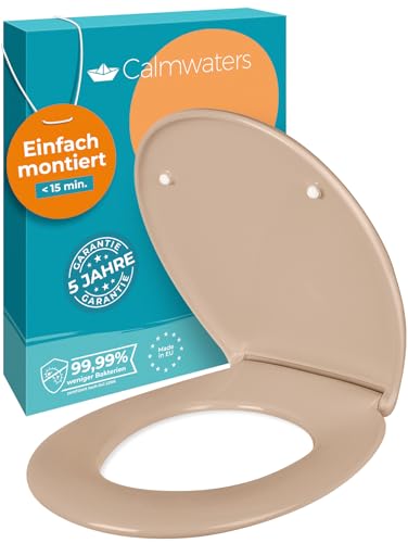 Calmwaters Premium WC Sitz einfache Montage Toilettendeckel bis 250 kg Made in EU antibakterieller Duroplast Absenkautomatik 2 Montage Optionen abnehmbar Klobrille oval Beige-Bahamabeige