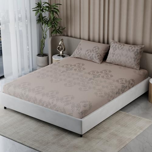 Image of BLISSHOME Everlast 150TC King Size Fitted Bedsheet with 2 Pillow Covers, Aesthetic Bedding, Wrinkle Resistant, 100+ Wash Durable, Quick Dry, Elegant Ornate Pattern - Champagne (183cm x198cm+25cm Drop)