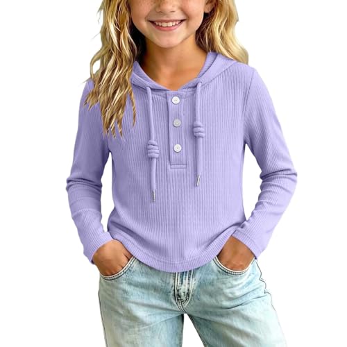 Girls Henley Hoodie Shirt, Long Sleeve Button Neck Henley School Top Purple