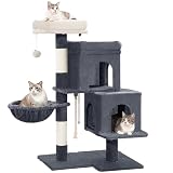 Hzuaneri Arbre a Chat, Petit Arbre à Chat de 95 cm, Spacieux et Stable, Fond Réglable, avec Grande Plateforme Souple, Pompons, Panier, Griffoir, Corde en Sisal, Gris Foncé MS09718SG