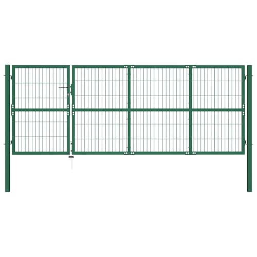 vidaXL Garden Patio Fence Gate - Steel Green Yard Door with Posts, 350cm Wide, 120cm High, Powder-Coated, Lockable with Keys