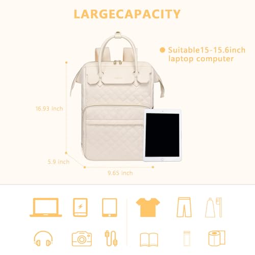 MOSISO Laptop Backpack for Women Men, 15-15.6 inch Rhombus Quilted Flight Approved Travel Backpack with PU Handle, 16 inch Carry on Daypack with USB Port for College Work Business, Beige3
