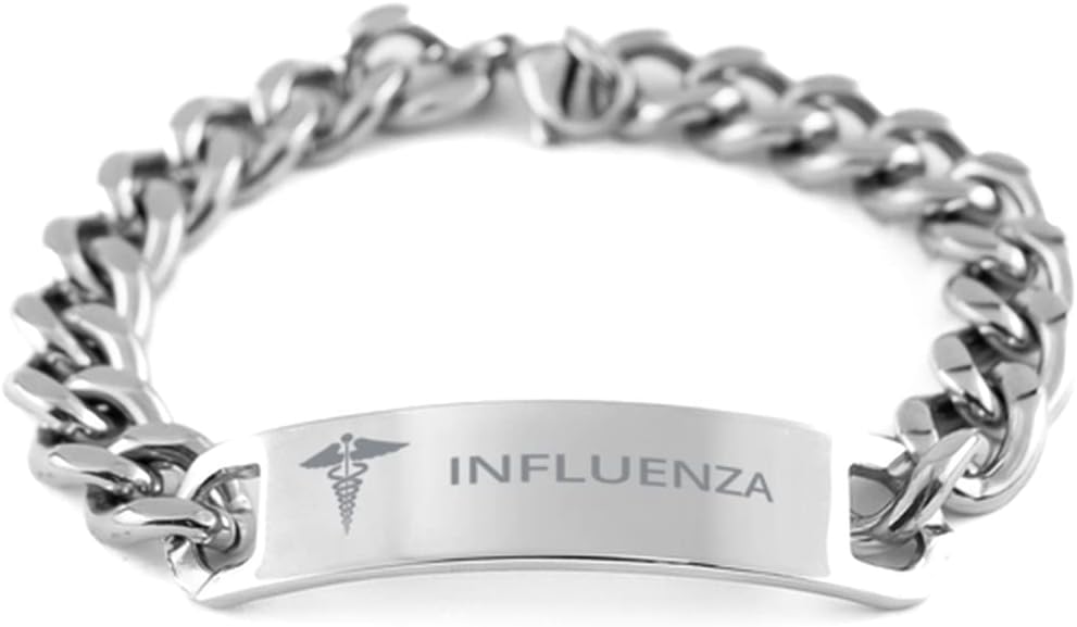 Medical Cuban Chain Stainless Steel Bracelet, Influenza Awareness, Medical Symbol, SOS Emergency Health Life Alert ID Engraved Stainless Steel Silver Jewelry Adjustable Bracelet For Men Women Teen