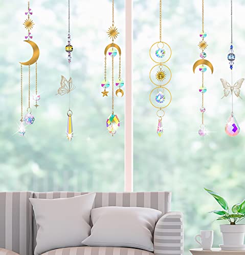 Szhtswu 8 Pcs Crystal Suncatchers,Colorful Crystal Glass Pendants,Butterfly Dragonfly Sun Catcher Gold Moon Star Suncatchers Hanging With Chain Hanging Ornaments For Window Garden Home Office Decor #TOP4