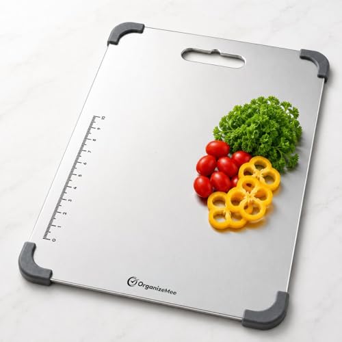 Image of Organizemee Steel Chopping Board Medium 31.8x21cm, Stainless Steel Cutting Board for Kitchen Use, Everyday Rust-Proof Chopping Board with Non-Skid Silicon Corner Pads for Vegetables and Fruit