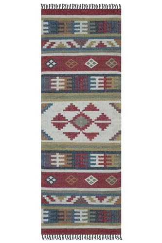 CASAVANI Tapete Kilim reversível de 2,6 x 4 polegadas, vermelho, multicolorido, de lã e juta, tecido à mão, para uso em interiores e exteriores, tapete de tecido plano para quarto, mesa de