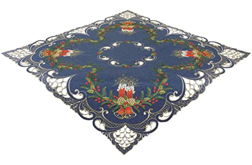 Tischdecke Weihnachten Stoff 85x85 cm Kerze Blau Weihnachtsdecke Weihnachtstischdecke Weihnachtsdeko Stickerei Rot Gold Cover