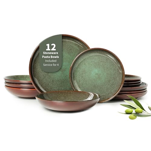 Image of Pokini 12 Piece Dinnerware Sets with Pasta Bowls, Stain Resistant Dish Set, Easy Cleaning Dishes, Multi-Functional Plate and Bowl Set, Stack Compactly Plates, Service for 4 Sage Green