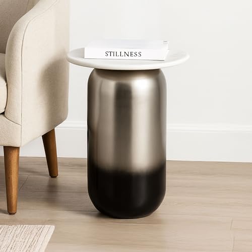 Modern Accent Table with White Marble Top and Metallic Gold & Black Iron Base – Stylish Round Side Table for Living Room, Bedroom, Office & Home Decor – 16" x 23"