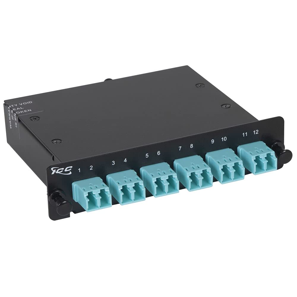 ICC Fiber Optic MPO Cassette LGX Compatible, 12 Fiber OM3 10G LC to MPO Module, 50/125 Multimode, Aqua Adapters, Black, 1-Pack
