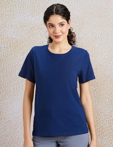 Image of Amazon Brand - Symbol Women Cotton Stretch Regular Fit Round Neck Half Sleeve T-Shirt (Available in Plus Sizes)