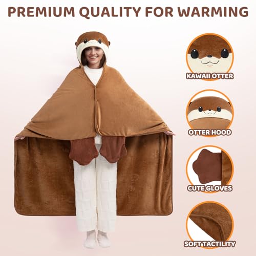 Mewaii Oversized Wearable Blanket Hoodie, Kawaii Otter Hooded Cloak, Soft Plush Flannel Blanket Hoodie - Image 3