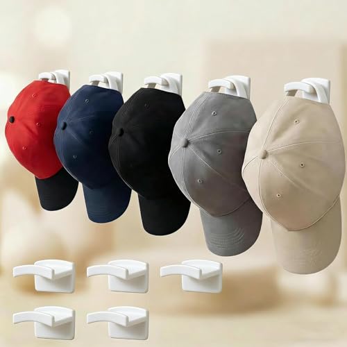 5-Pack Adhesive Hat Hooks Wall Mounted Minimalist Baseball Cap White