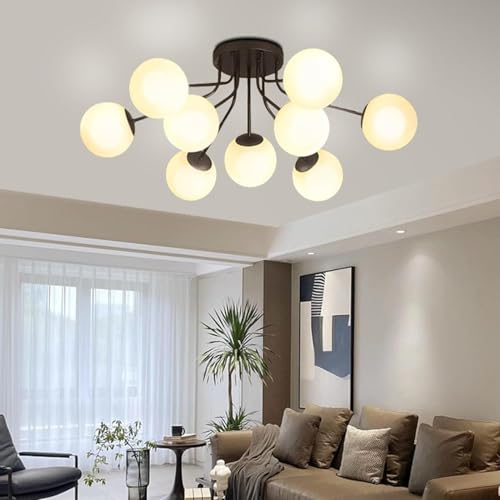 Image of Prop It Up Modern Globe Chandelier Ceiling Light, 9 Frosted Glass Shades, Black Metal Frame, Semi-Flush Mount, Without Bulb