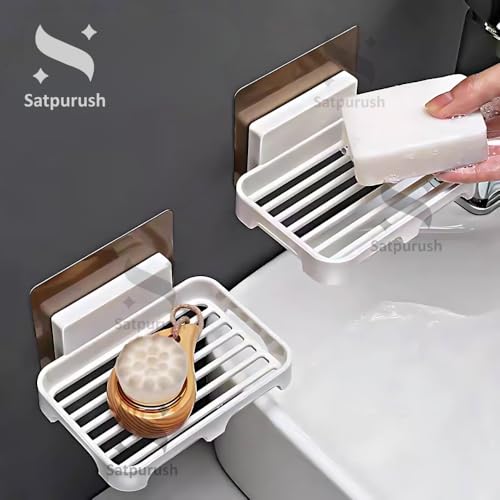 Image of Satpurush Self-Adhesive Soap Holder for Bathroom (Pack of 2) Wall Mounted No-Drill Soap Stand with Water Drainage | Strong Sticker Plastic Soap Dish for Wash Basin & Kitchen (White)